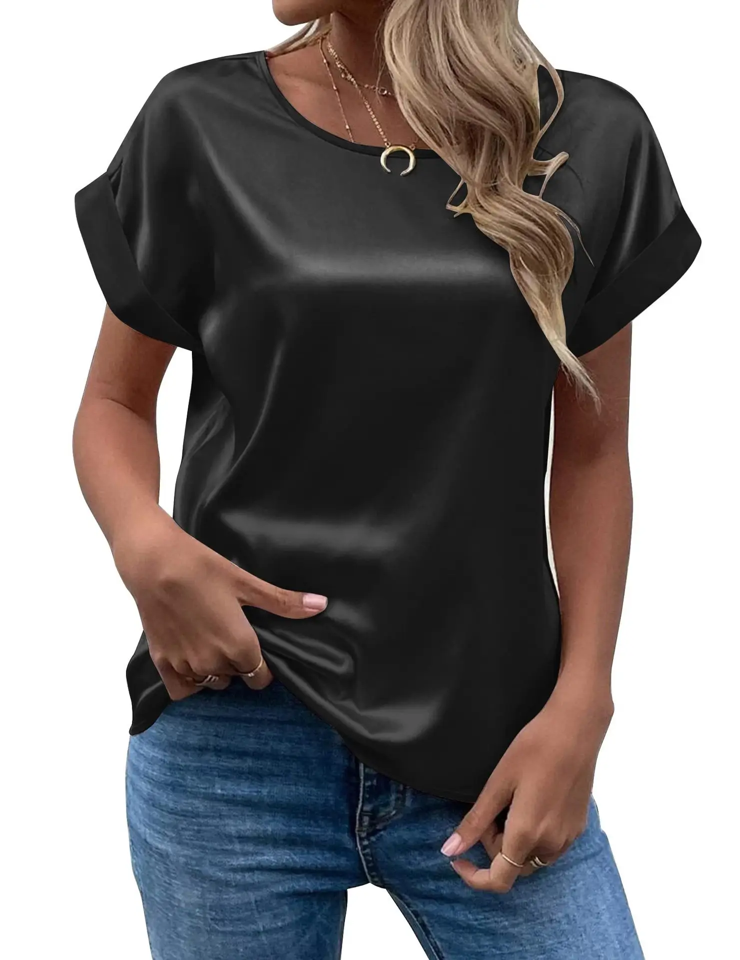 Women Satin T-Shirt White Round Neck Short Sleeve — feature 16
