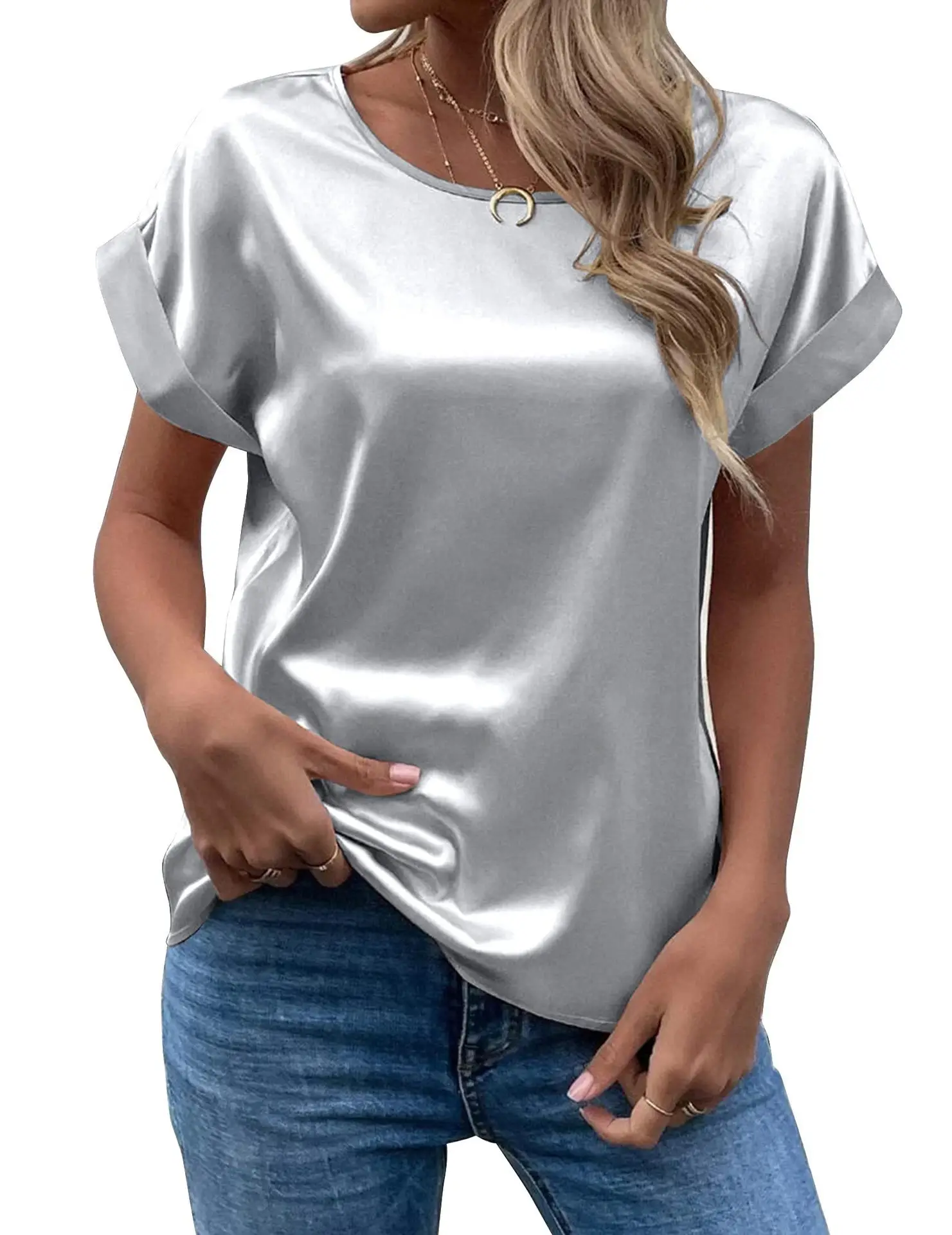 Women Satin T-Shirt White Round Neck Short Sleeve — feature 3