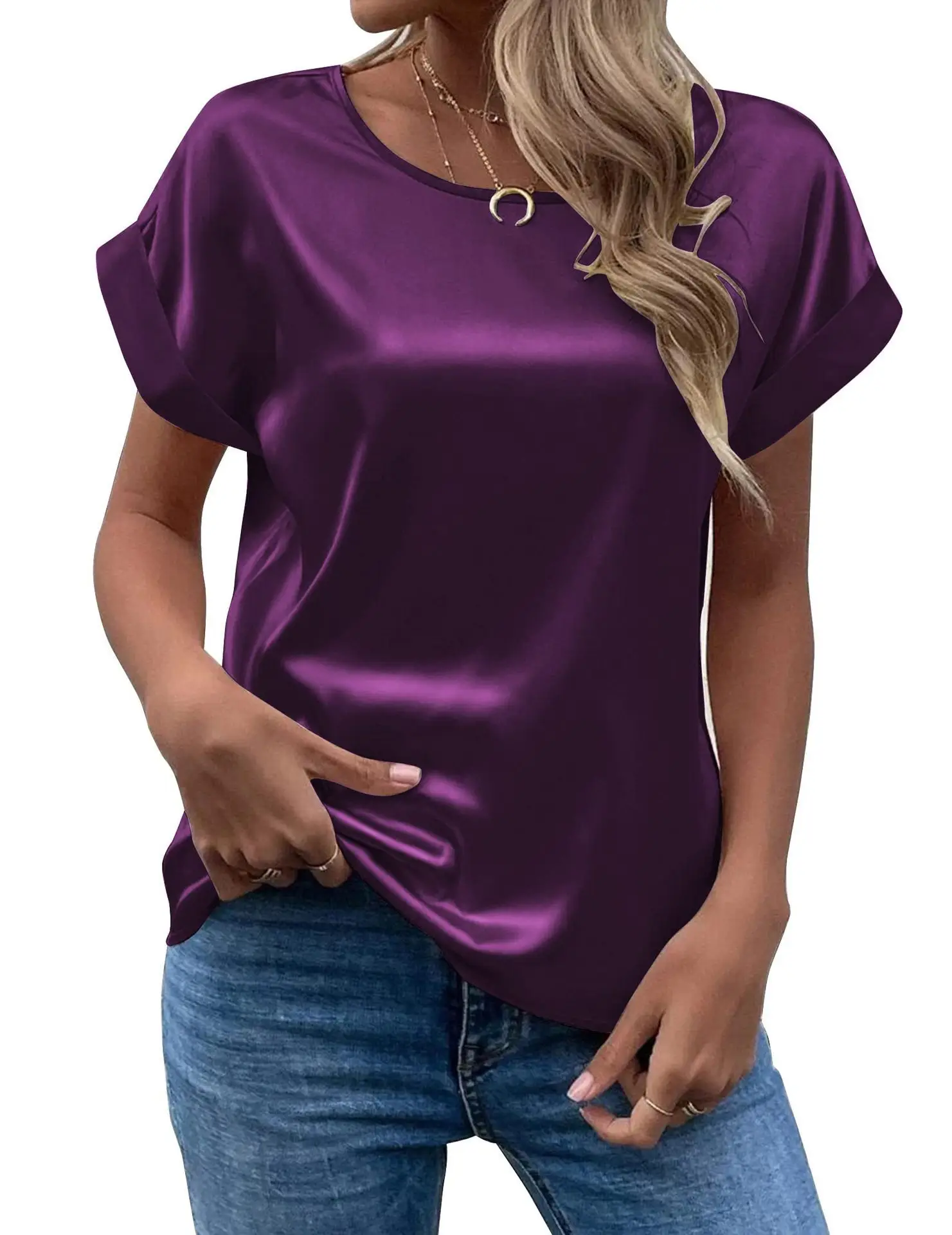 Women Satin T-Shirt White Round Neck Short Sleeve — feature 4