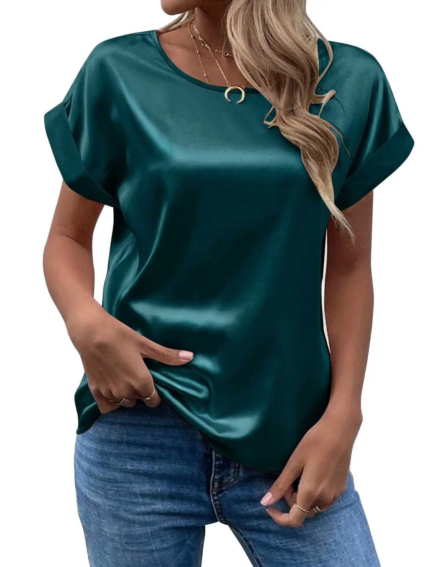Women Satin T-Shirt White Round Neck Short Sleeve — feature 5