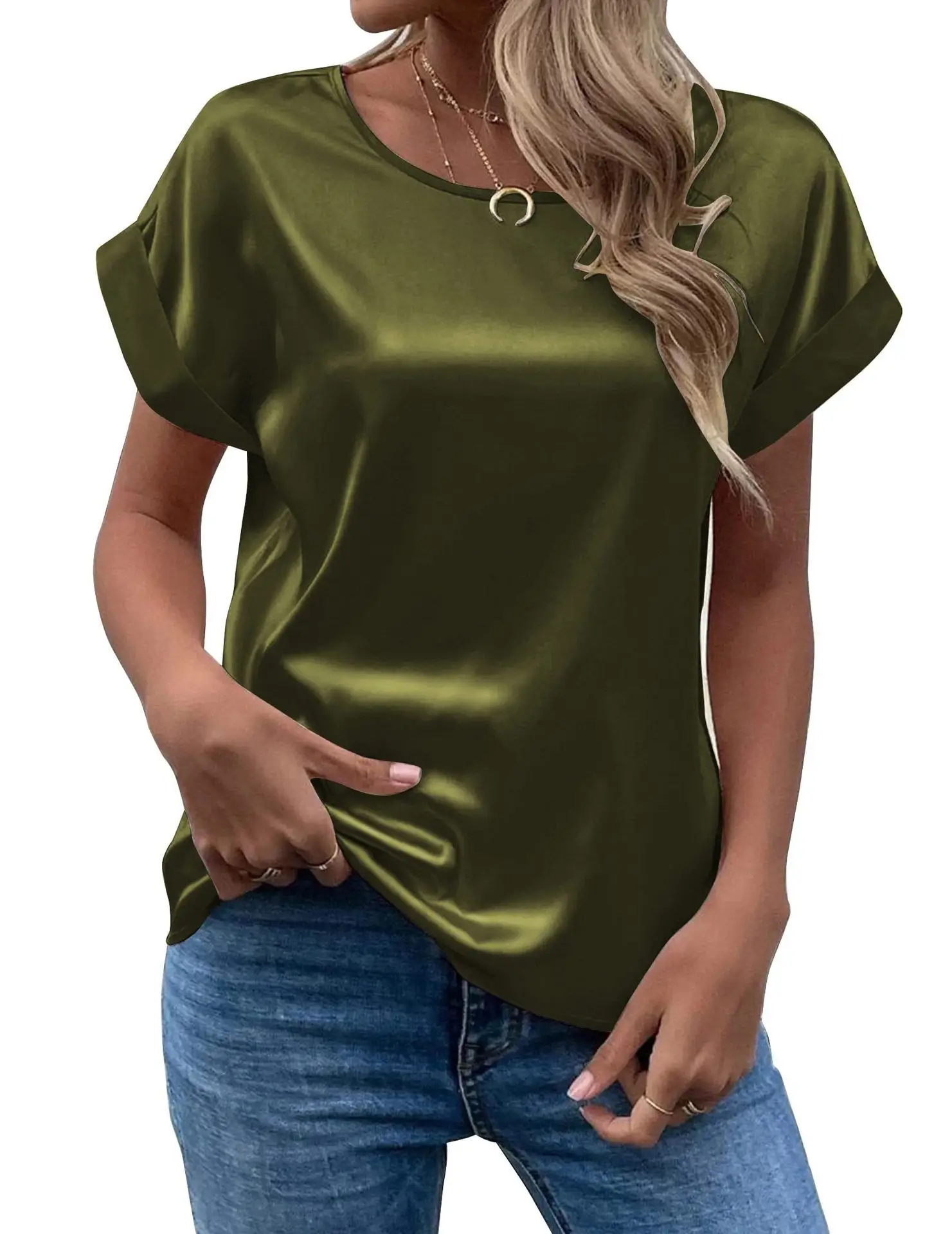 Women Satin T-Shirt White Round Neck Short Sleeve — feature 6