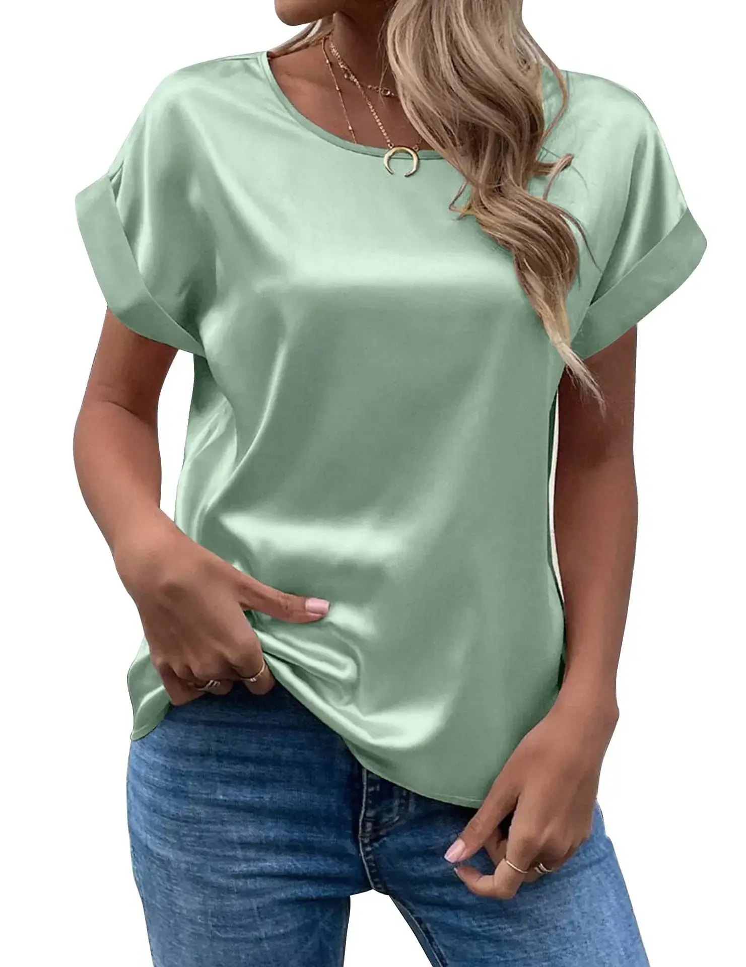 Women Satin T-Shirt White Round Neck Short Sleeve - Image 11