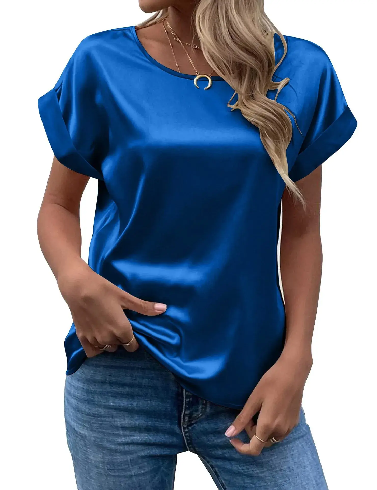 Women Satin T-Shirt White Round Neck Short Sleeve - Image 3