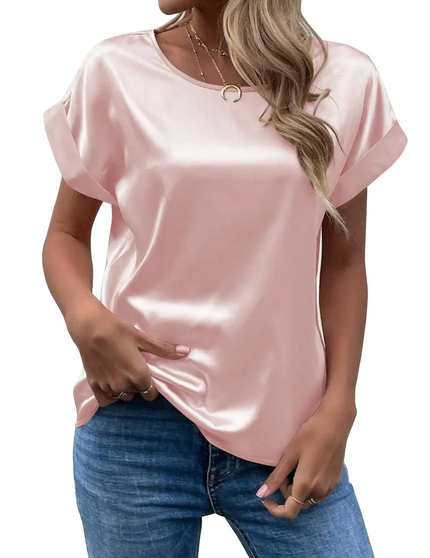 Women Satin T-Shirt White Round Neck Short Sleeve - Image 5