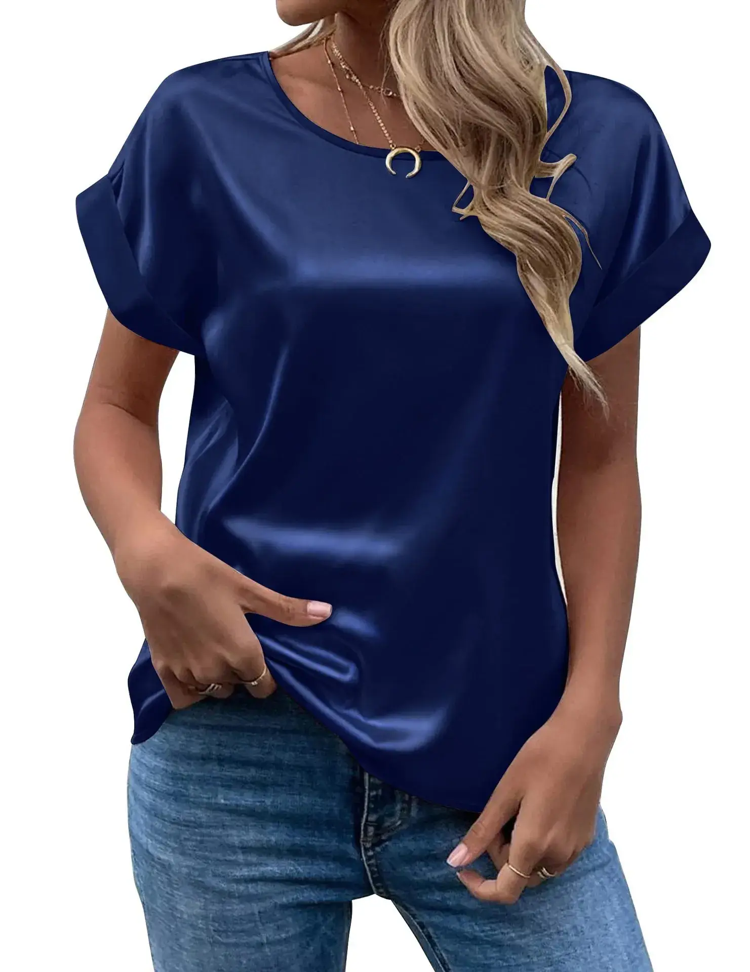 Women Satin T-Shirt White Round Neck Short Sleeve - Image 6