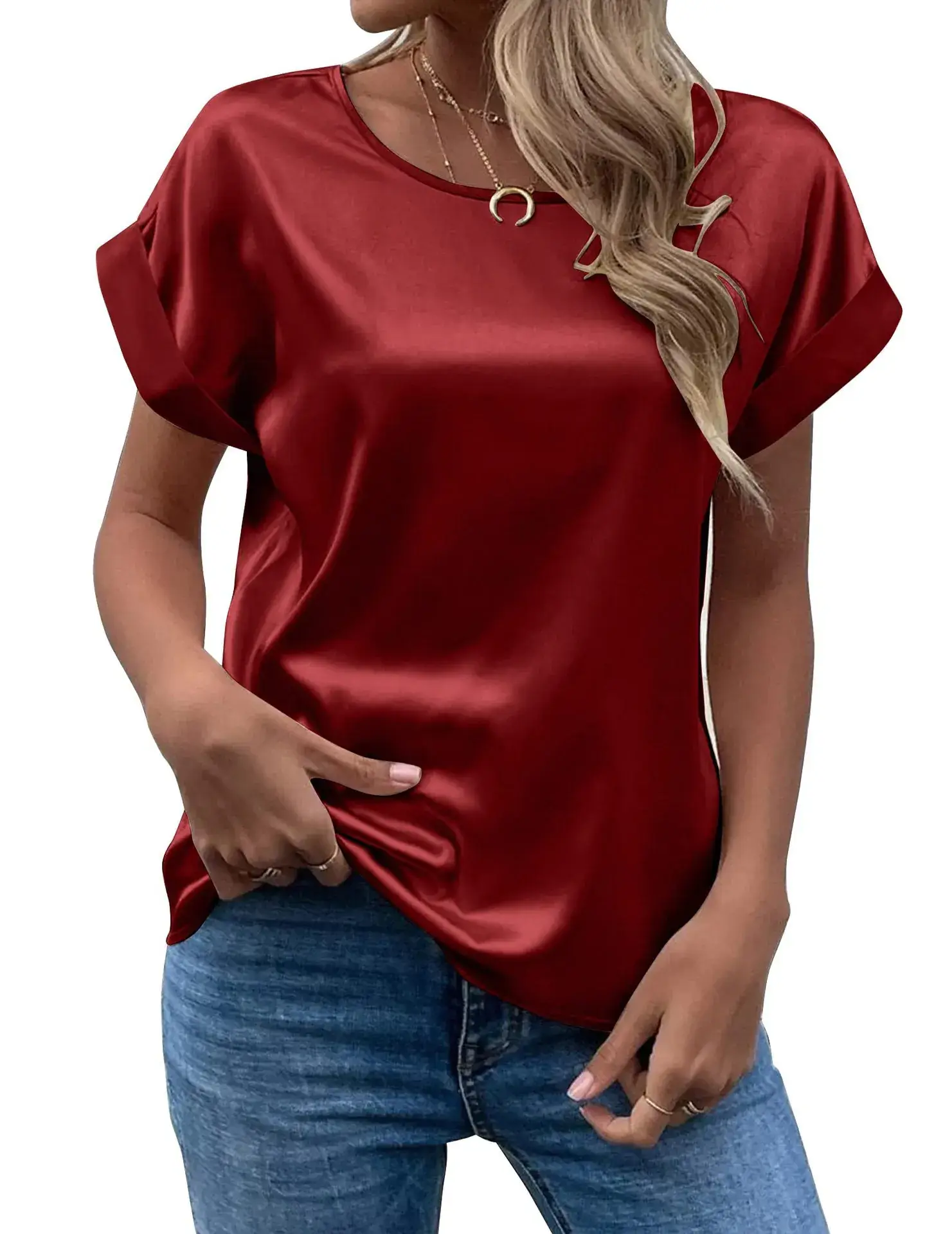 Women Satin T-Shirt White Round Neck Short Sleeve - Image 7