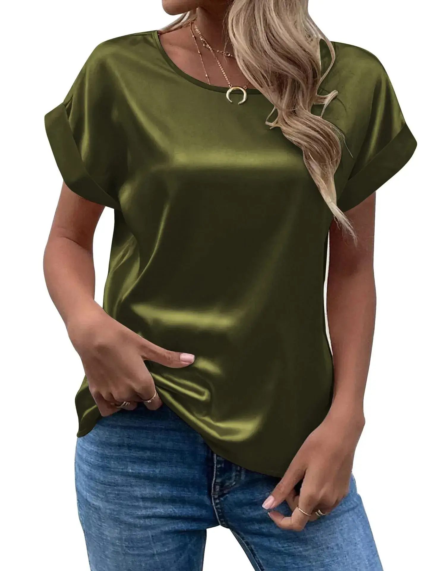 Women Satin T-Shirt White Round Neck Short Sleeve - Image 8
