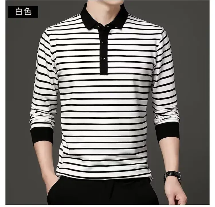 Men Striped Polo Shirt White Black Long Sleeve - Image 4
