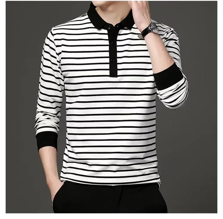 Men Striped Polo Shirt White Black Long Sleeve - Image 6