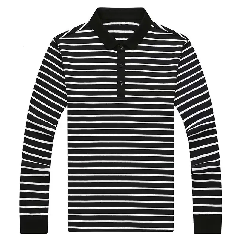 Men Striped Polo Shirt White Black Long Sleeve - Image 7