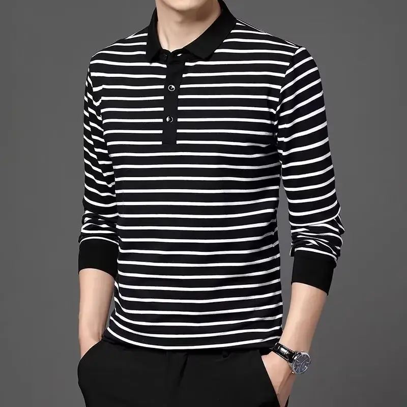 Men Striped Polo Shirt White Black Long Sleeve - Image 2