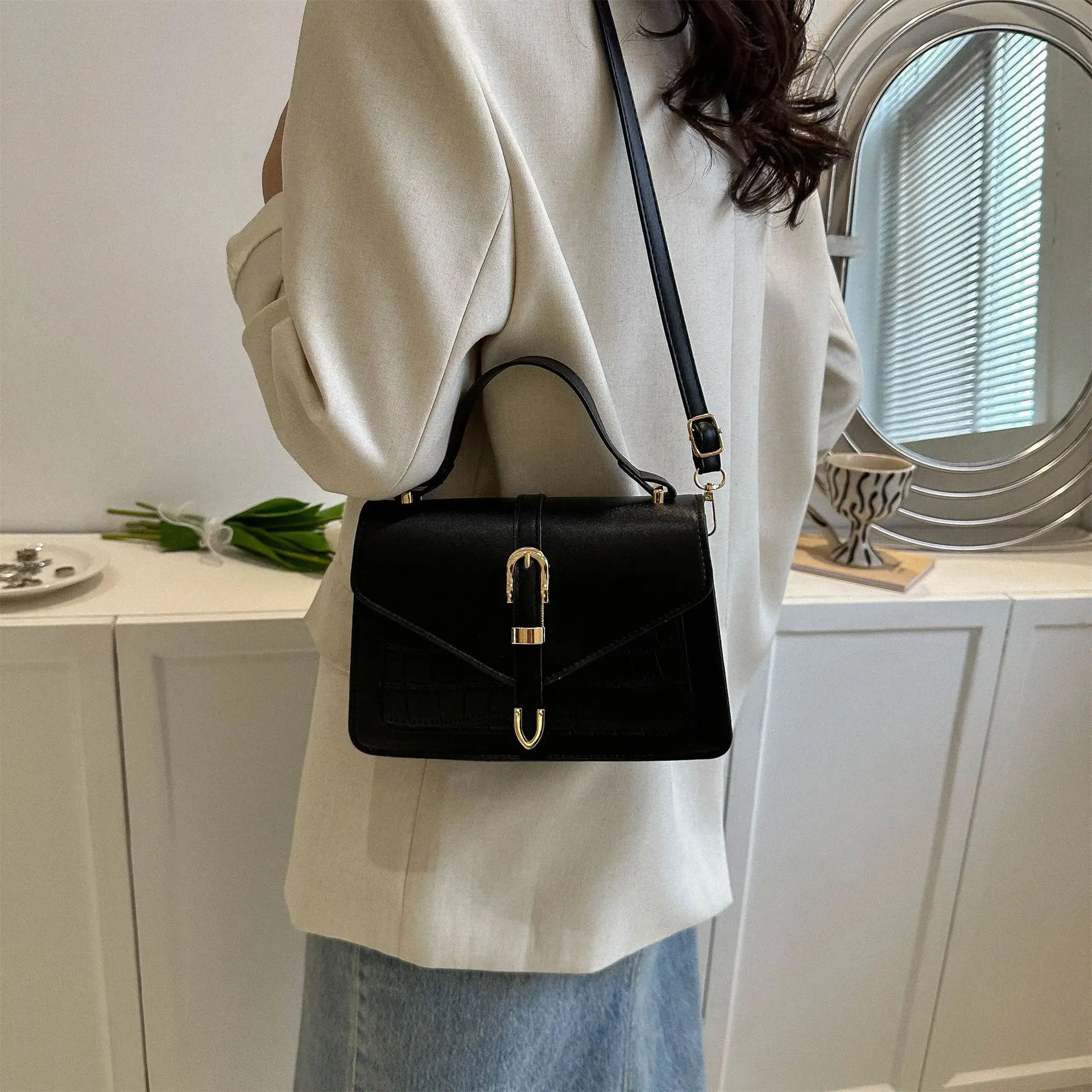 Retro Croc Leather Shoulder Bag Black Women 2026 - Image 8