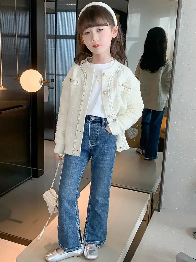 Girls Cream Knitted Cardigan Sweater Spring Autumn - Image 3