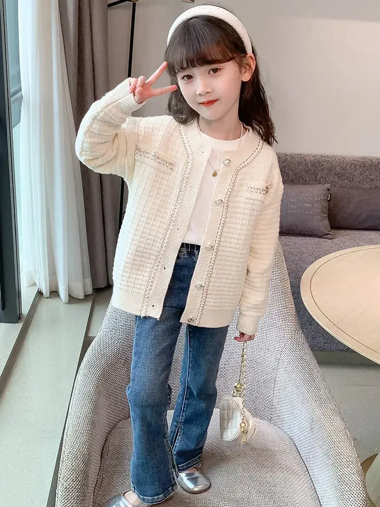 Girls Cream Knitted Cardigan Sweater Spring Autumn - Image 4