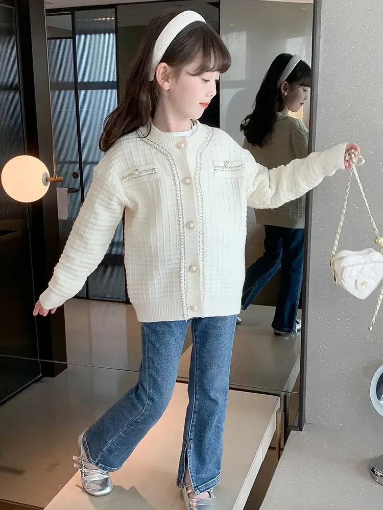 Girls Cream Knitted Cardigan Sweater Spring Autumn - Image 5