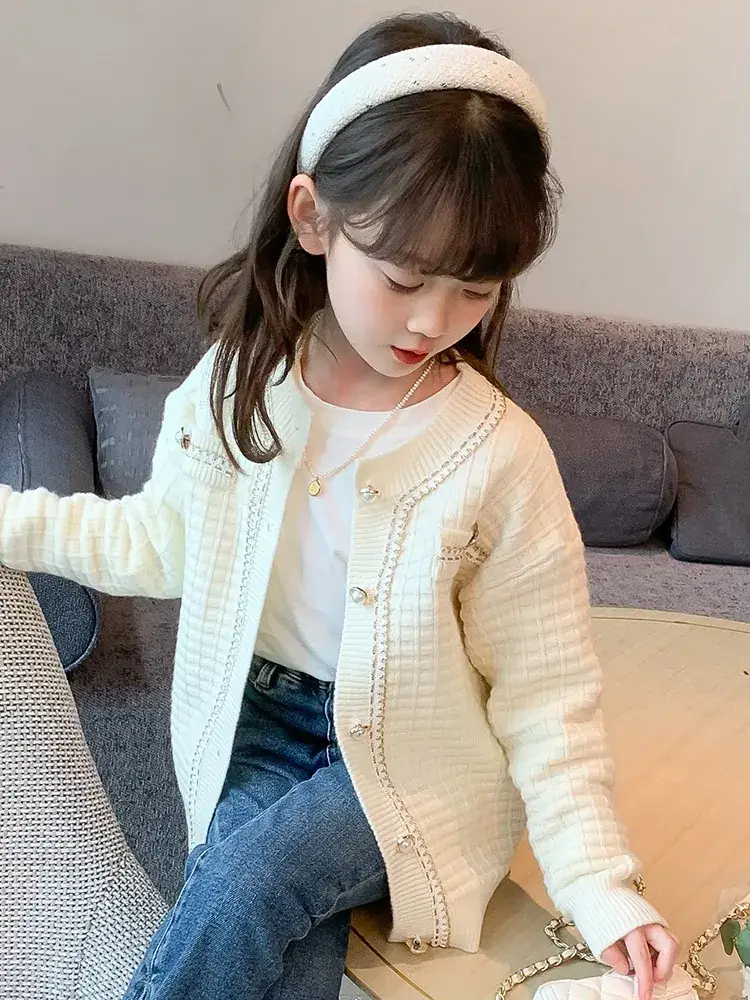 Girls Cream Knitted Cardigan Sweater Spring Autumn - Image 6