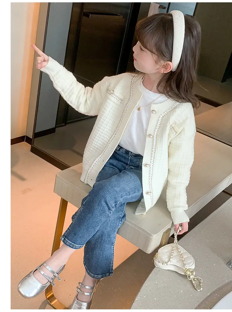 Girls Cream Knitted Cardigan Sweater Spring Autumn — feature 13