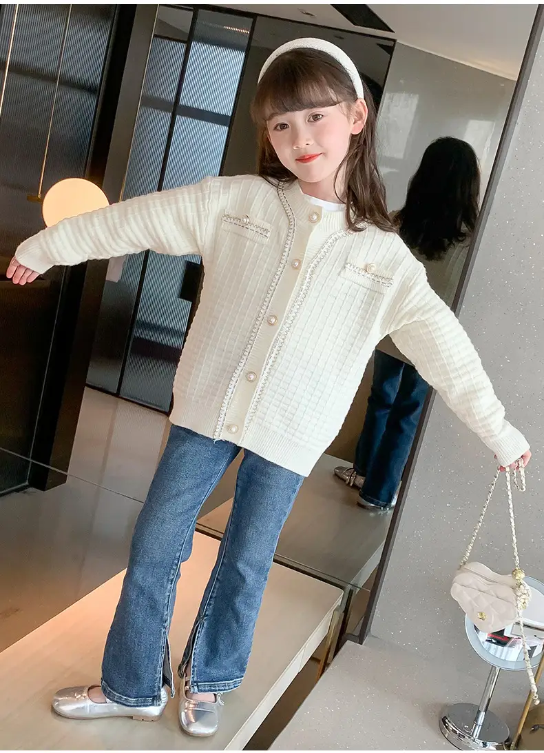 Girls Cream Knitted Cardigan Sweater Spring Autumn — feature 14