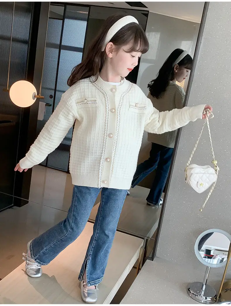Girls Cream Knitted Cardigan Sweater Spring Autumn — feature 17