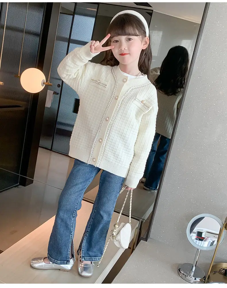 Girls Cream Knitted Cardigan Sweater Spring Autumn — feature 18