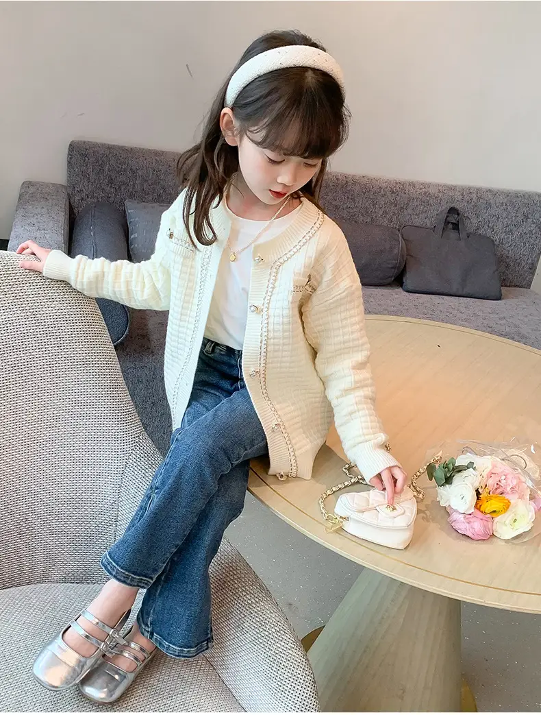 Girls Cream Knitted Cardigan Sweater Spring Autumn — feature 19
