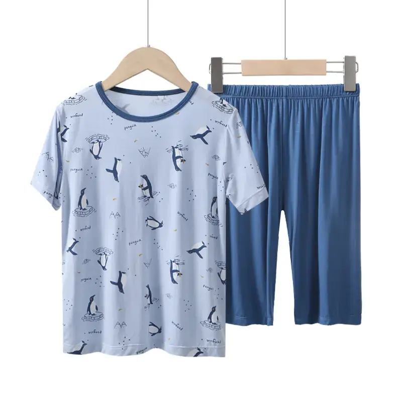 New Boys' Light Blue Penguin Print Pajamas Set