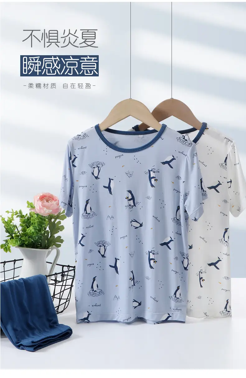 New Boys' Light Blue Penguin Print Pajamas Set — feature 7