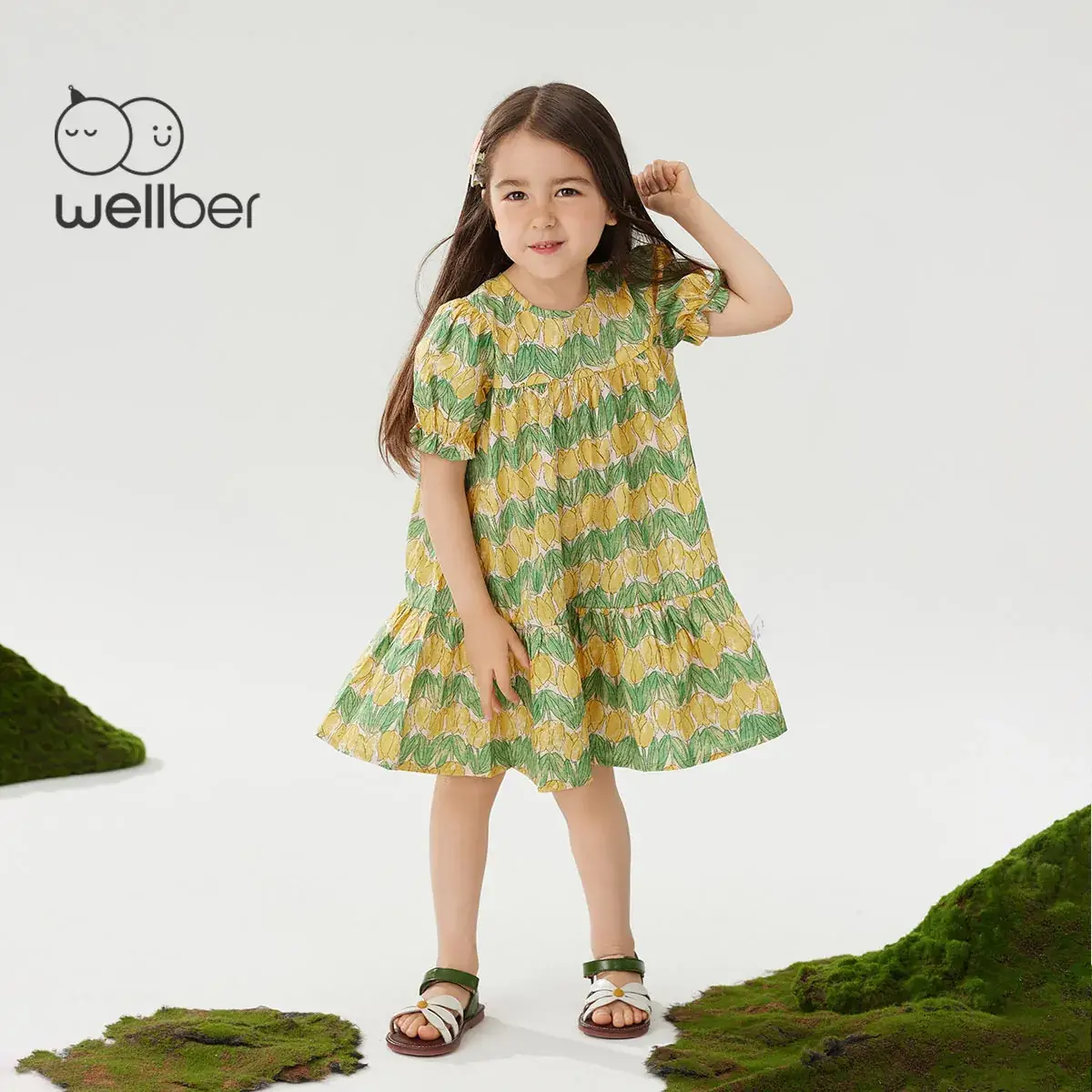 Wilberu Girls Summer Dress Green Leaf Print - Image 5