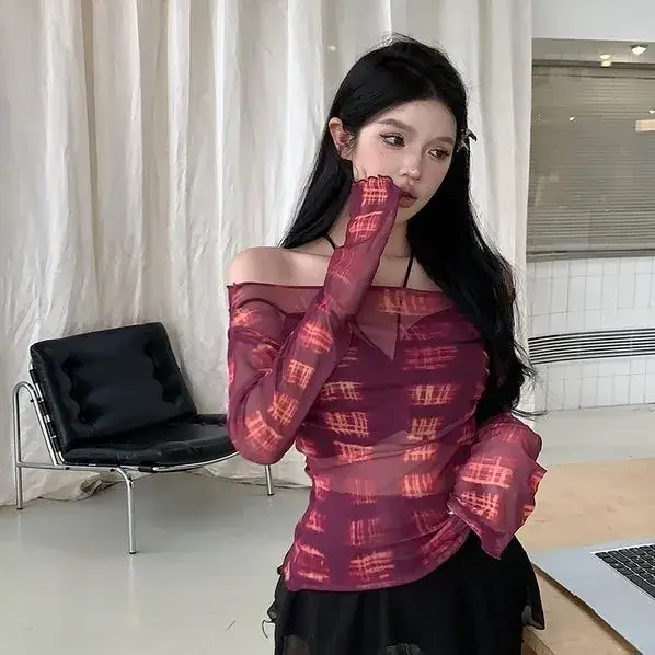 Hot girl Elastic Mesh Top Women 2023 Summer Slim Off-Shoulder - Image 4