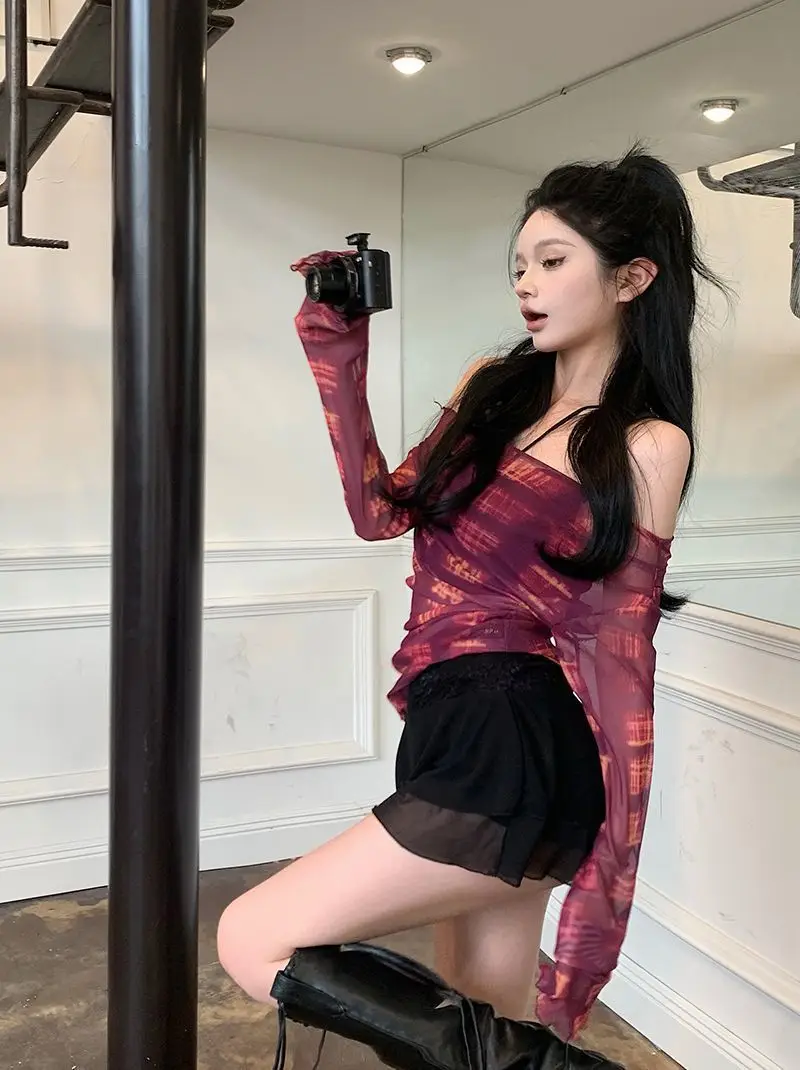 Hot girl Elastic Mesh Top Women 2023 Summer Slim Off-Shoulder — feature 1