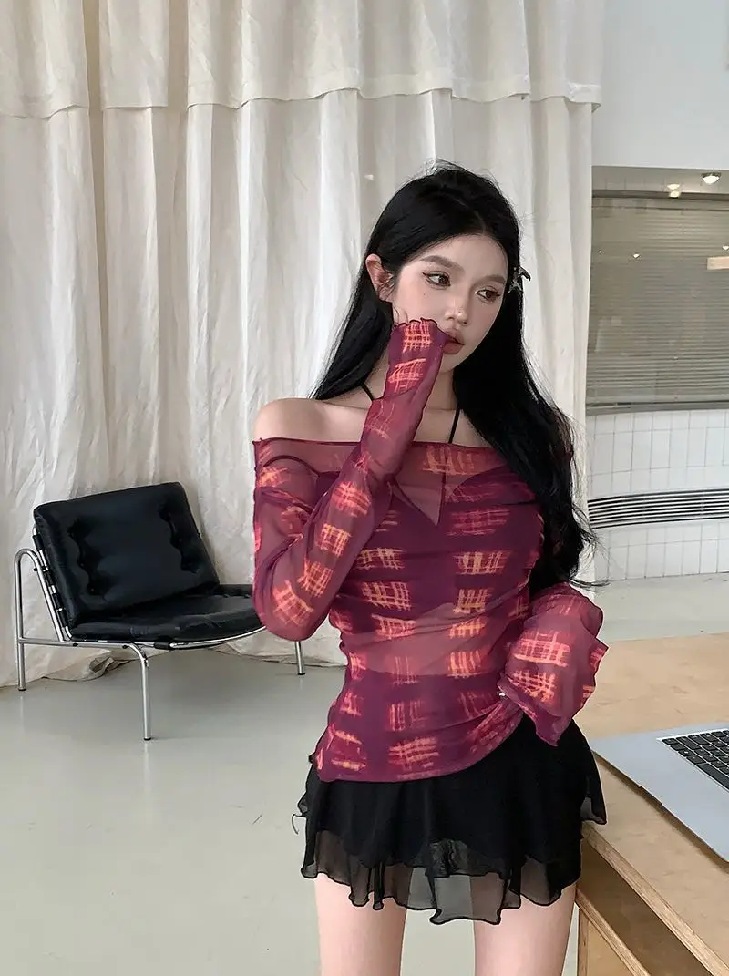 Hot girl Elastic Mesh Top Women 2023 Summer Slim Off-Shoulder — feature 3