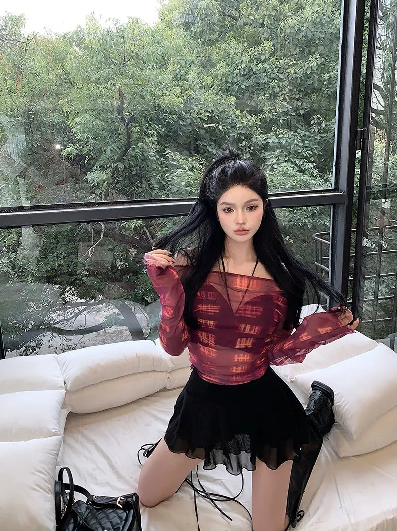 Hot girl Elastic Mesh Top Women 2023 Summer Slim Off-Shoulder — feature 4