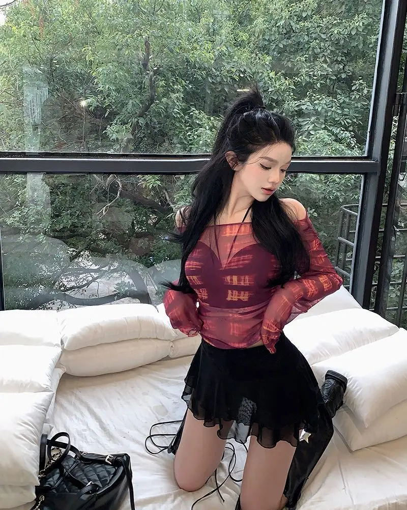 Hot girl Elastic Mesh Top Women 2023 Summer Slim Off-Shoulder — feature 5
