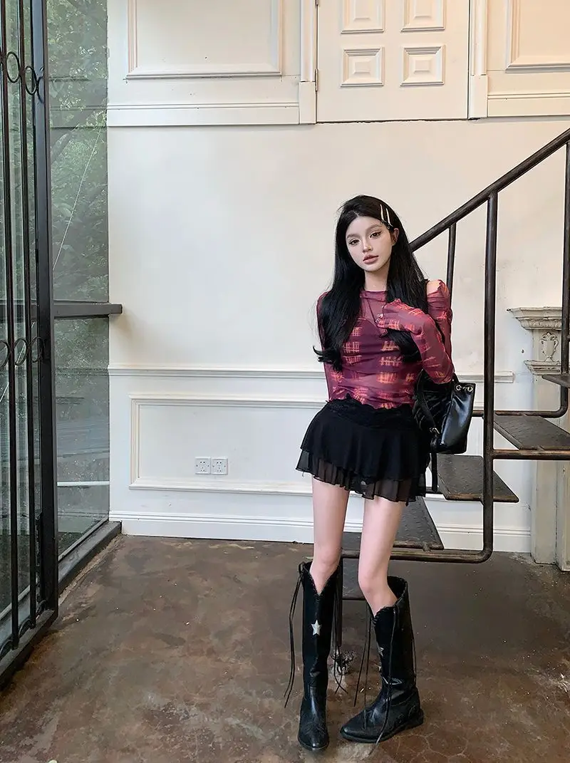 Hot girl Elastic Mesh Top Women 2023 Summer Slim Off-Shoulder — feature 7