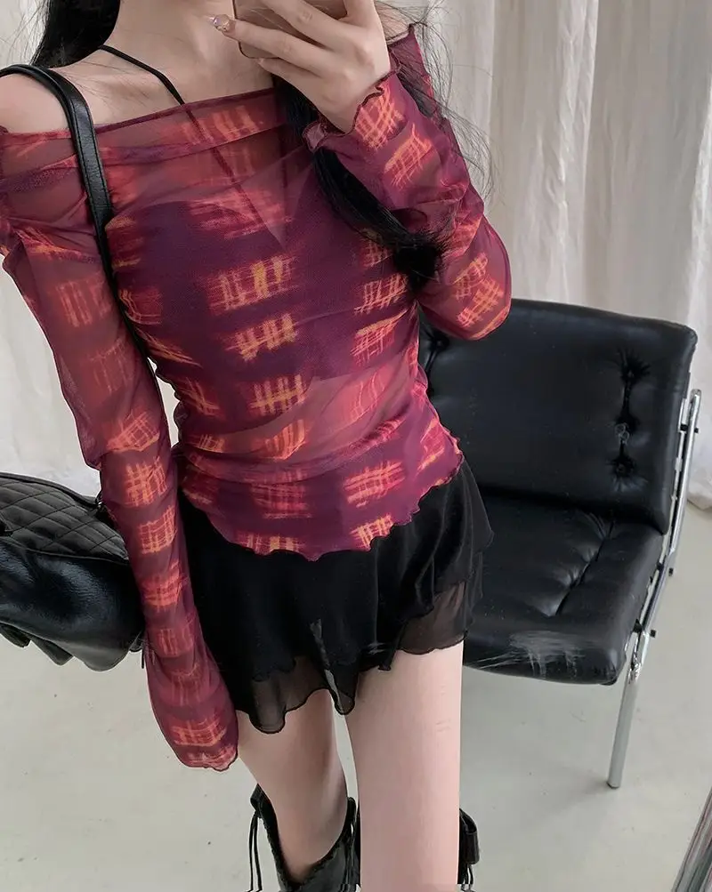 Hot girl Elastic Mesh Top Women 2023 Summer Slim Off-Shoulder — feature 9