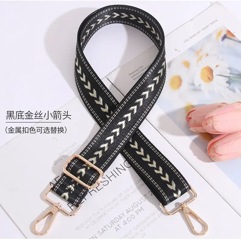Adjustable Black Gold Embroidered Crossbody Bag Strap — feature 18