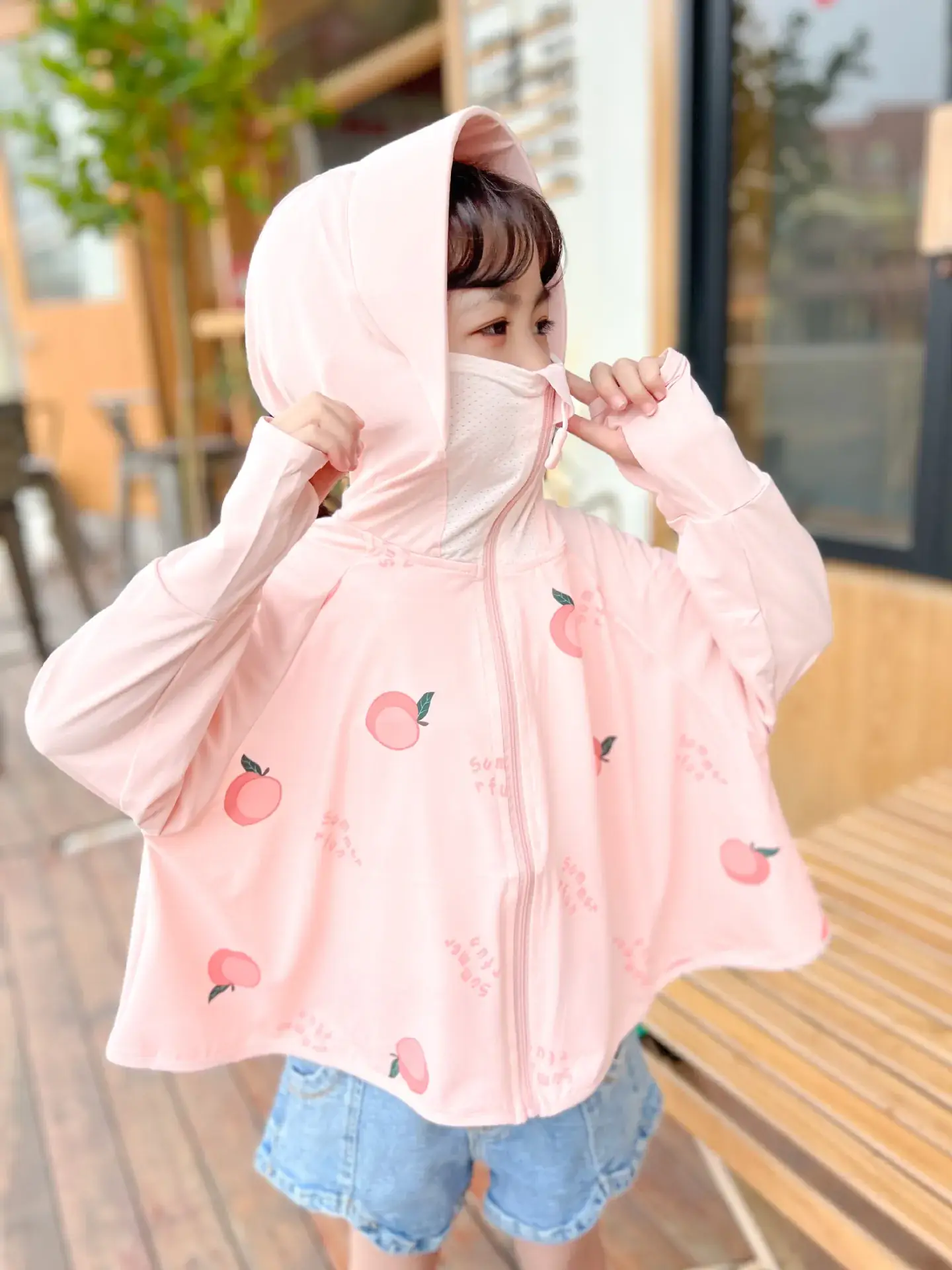 Children Sun Protection Hoodie Peach Apple Print - Image 2