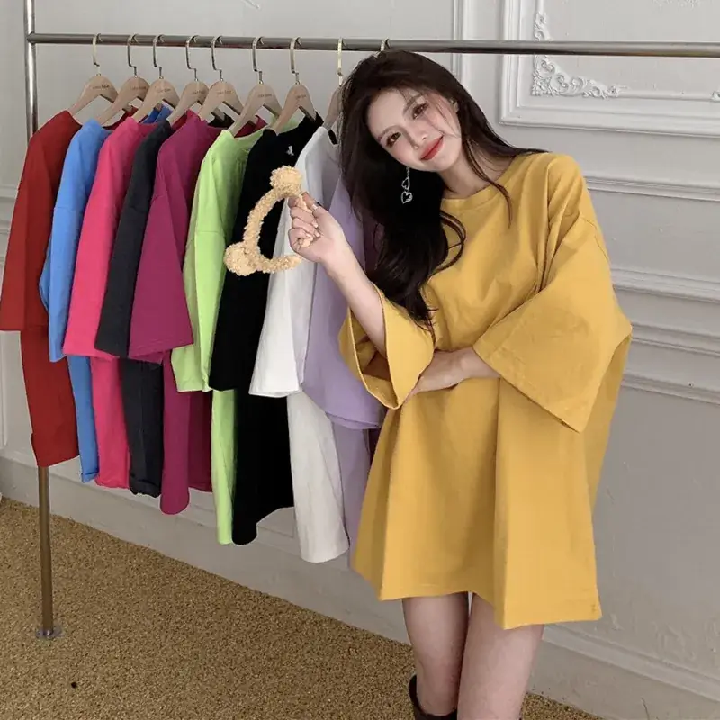 Women Loose Midi Top Yellow Round Neck Short Sleeve - Image 6