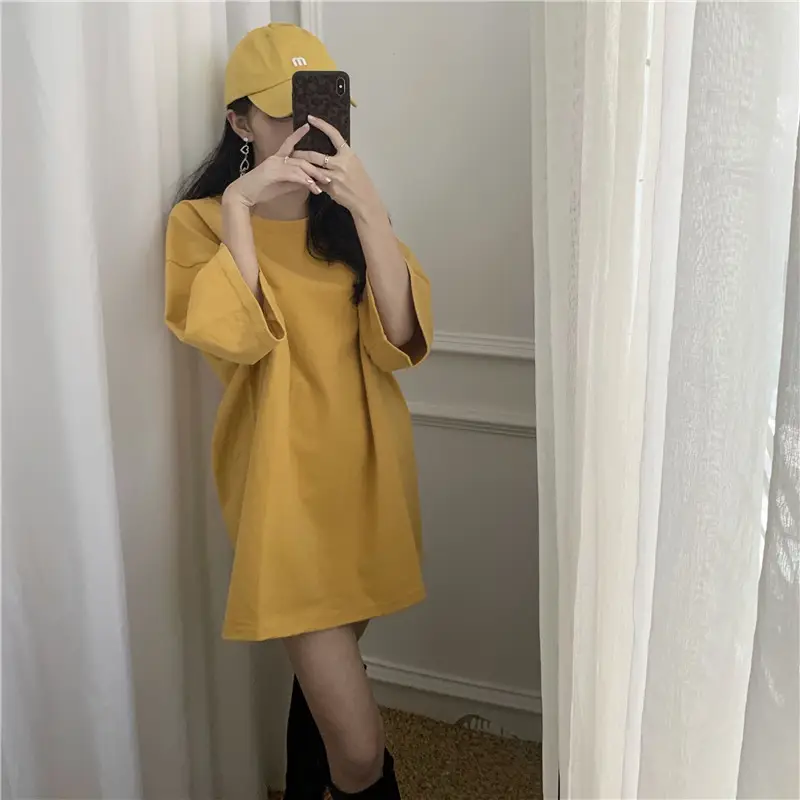 Women Loose Midi Top Yellow Round Neck Short Sleeve — feature 10