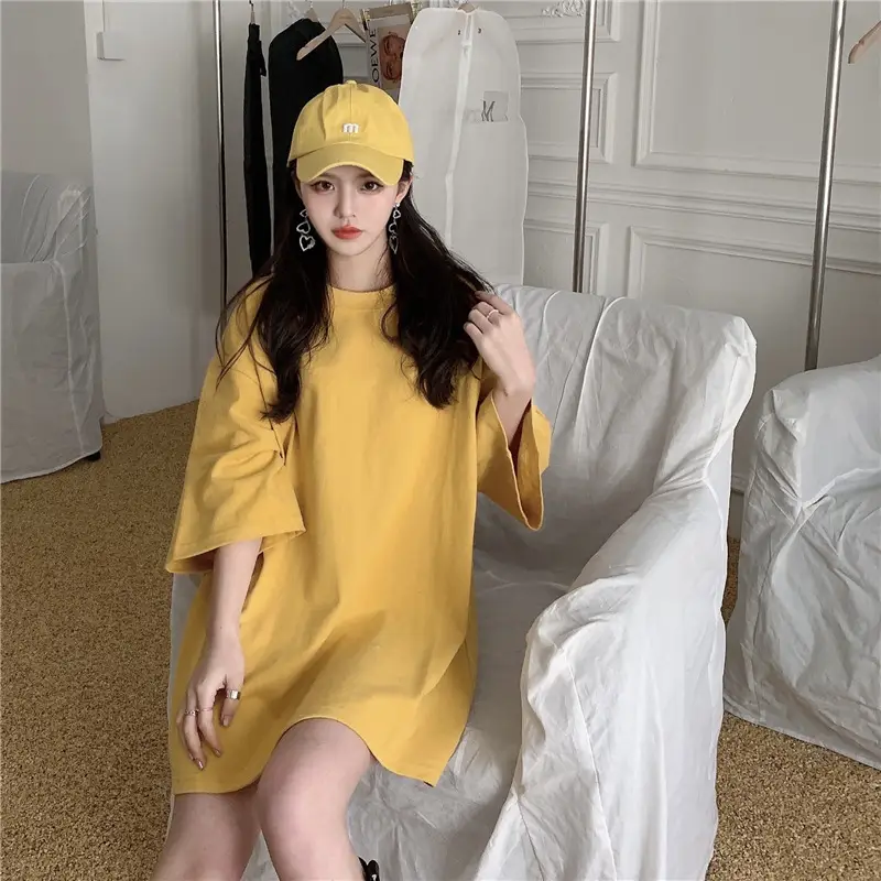 Women Loose Midi Top Yellow Round Neck Short Sleeve — feature 11