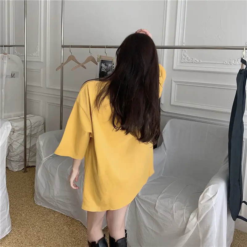 Women Loose Midi Top Yellow Round Neck Short Sleeve — feature 12