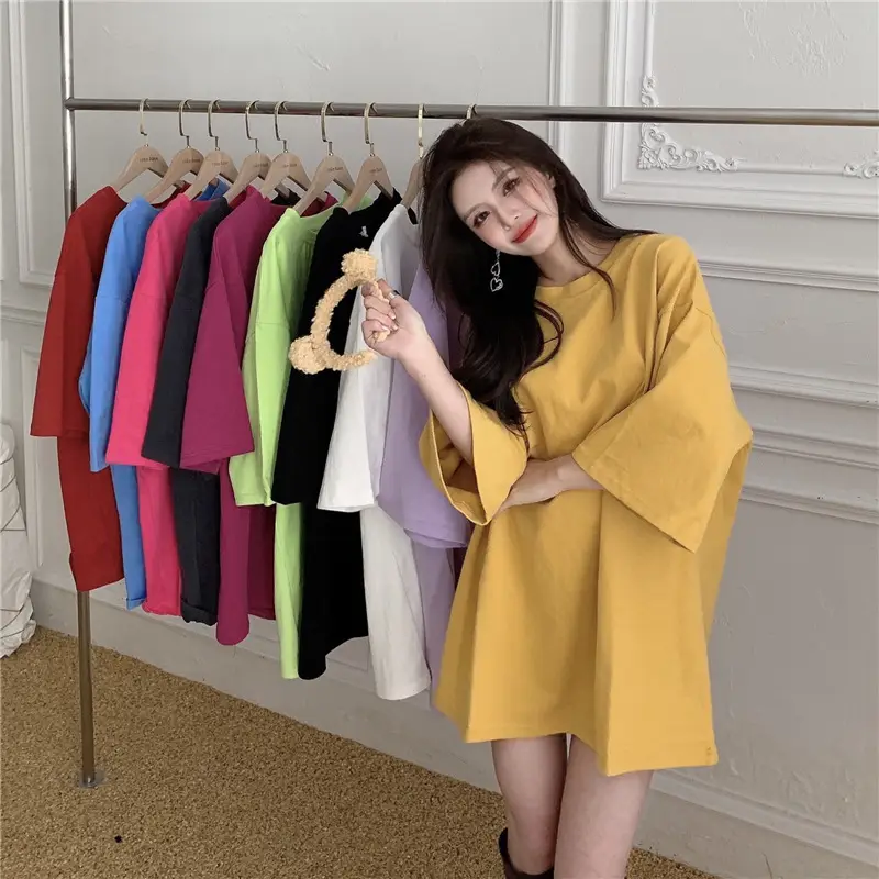 Women Loose Midi Top Yellow Round Neck Short Sleeve — feature 3