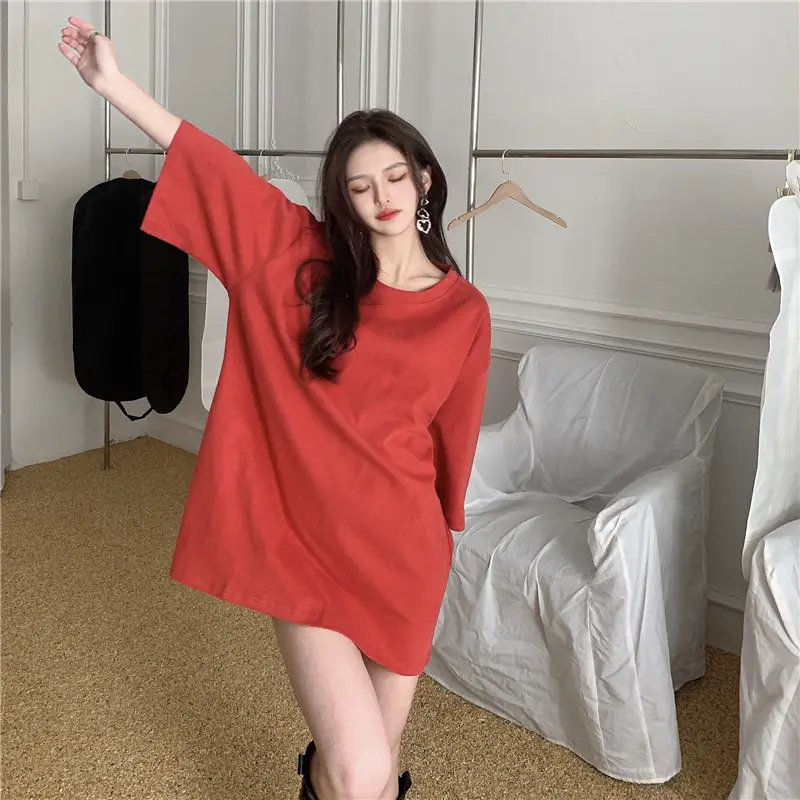 Women Loose Midi Top Yellow Round Neck Short Sleeve — feature 31