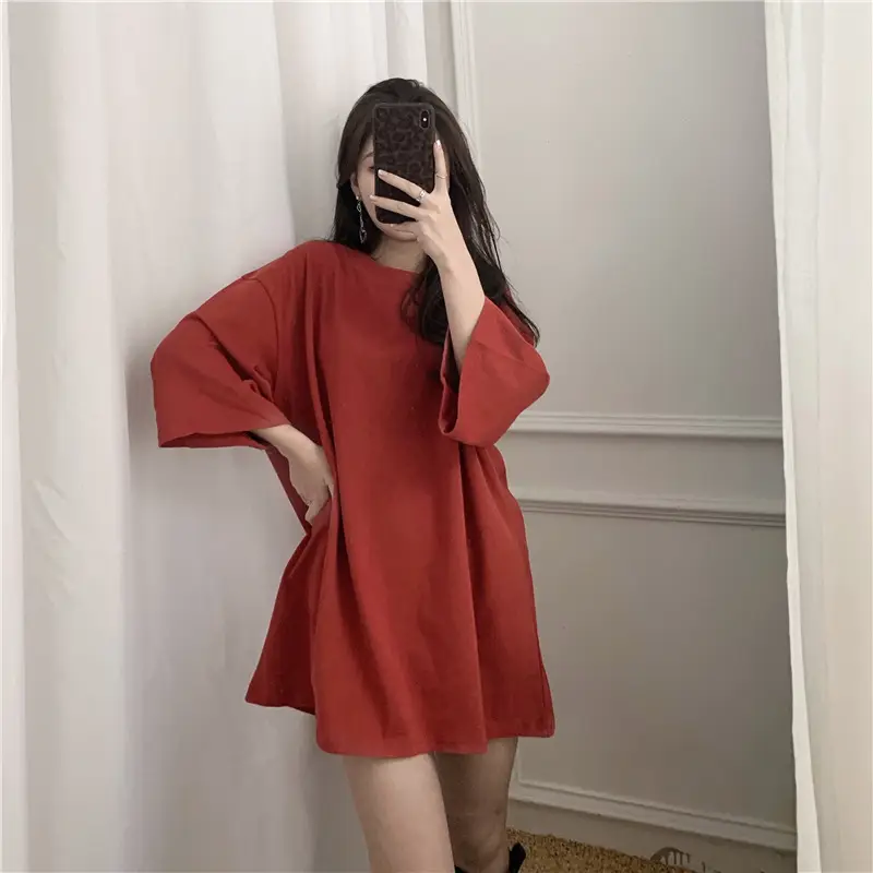 Women Loose Midi Top Yellow Round Neck Short Sleeve — feature 35