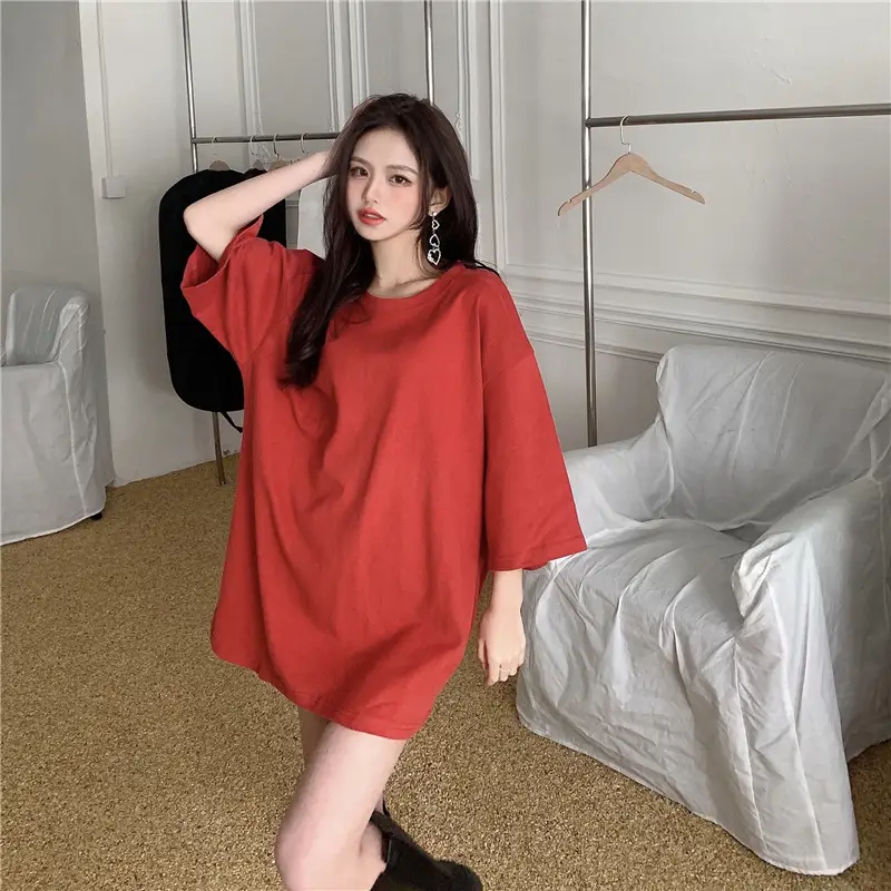 Women Loose Midi Top Yellow Round Neck Short Sleeve — feature 39