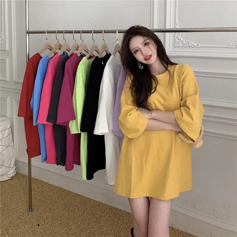 Women Loose Midi Top Yellow Round Neck Short Sleeve — feature 4