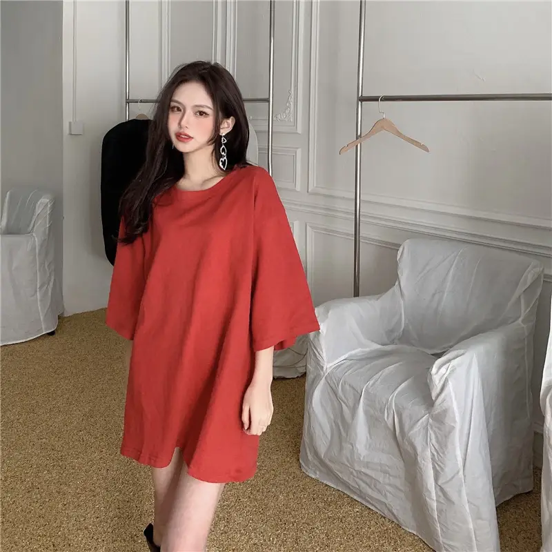Women Loose Midi Top Yellow Round Neck Short Sleeve — feature 41