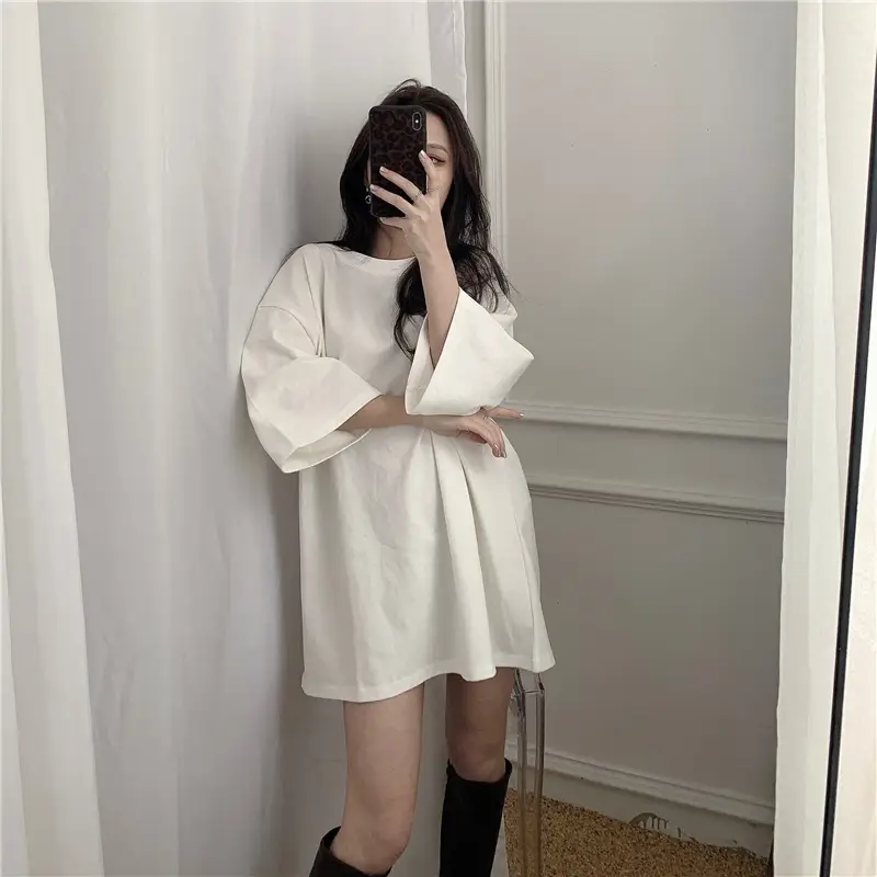 Women Loose Midi Top Yellow Round Neck Short Sleeve — feature 50