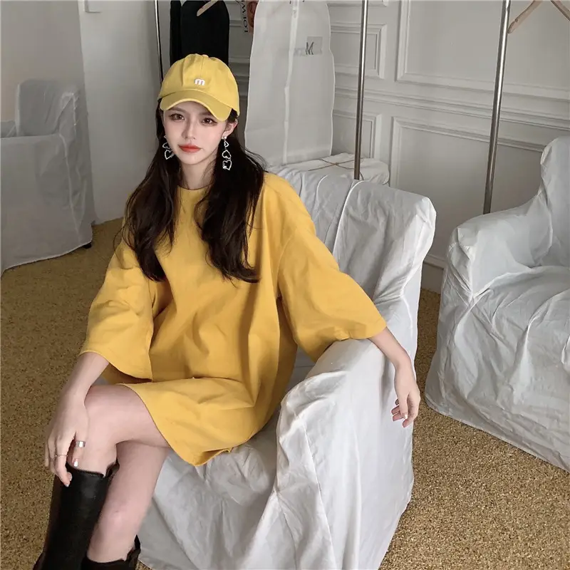 Women Loose Midi Top Yellow Round Neck Short Sleeve — feature 6