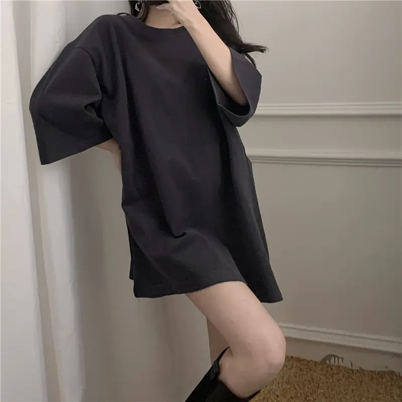 Women Loose Midi Top Yellow Round Neck Short Sleeve — feature 61